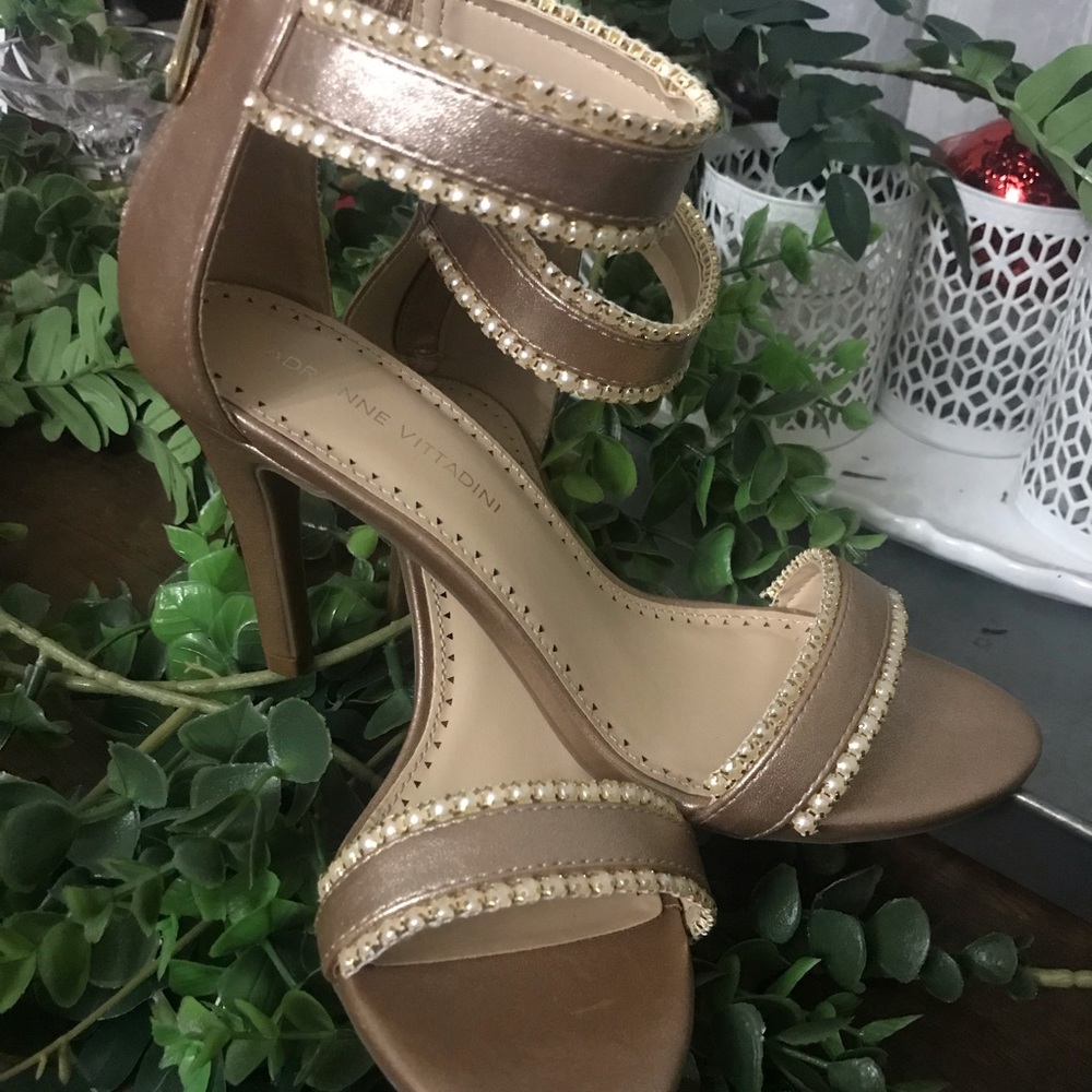 Adrienne Vittadini Sandals Stiletto Rose Gold Pearls Zip Back